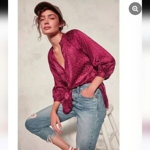ANTHROPOLOGIE SUSANNA BURNOUT VELVET ¾ SLEEVE BUTTONDOWN BLOUSE SZ XS